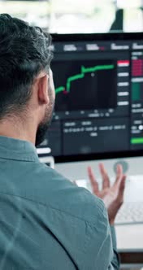 Computer, finance and business people with statistics in office for stock market