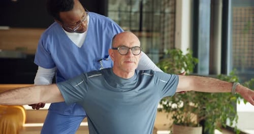 Physiotherapy, nurse and old man in nursing home, stretching and arm workout for recovery or health