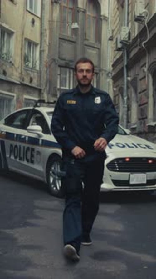 Officer Walks Past Vehicle Confidently Law Enforcement Official Moves Confidently Along City