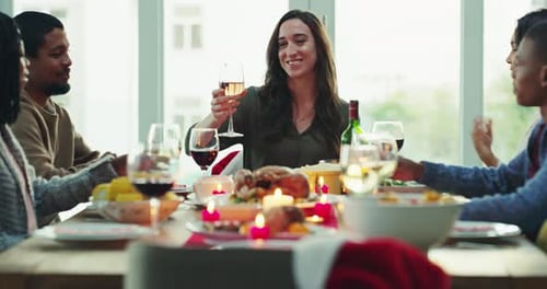 Friends, food and celebrations while sharing a toast with wine glasses and sitting at a dining table