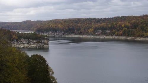 Static shot of the River Gorge tranquility flowing through the landscape with vibrant trees