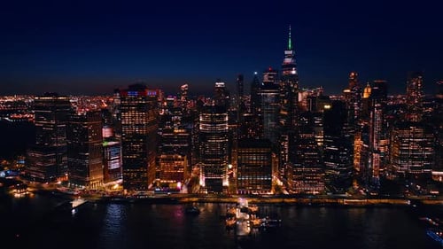 Night view of Manhattan, New York, US with dazzling illumination.