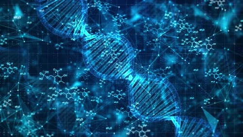 Abstract Blue DNA Helix with Chemical Formulas and Science Network Loop - HD