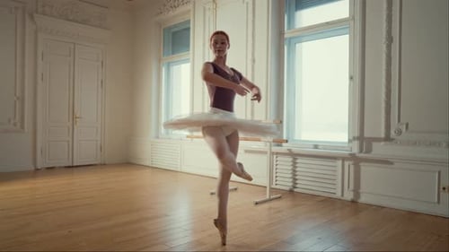 Graceful Ballerina Practices Ballet in Bright Studio