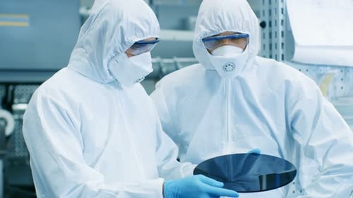 Two Engineers/ Scientists/ Technicians in Sterile Suits Check Semiconductor Silicon Wafer. They Wor