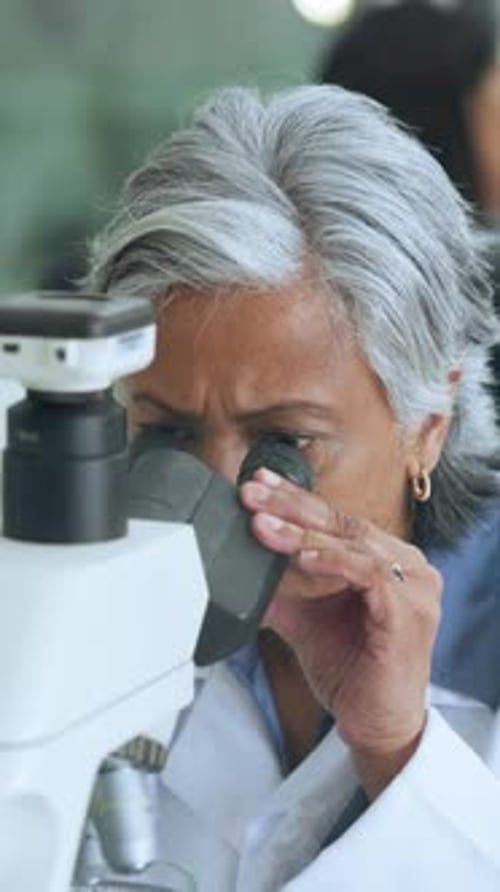 Mature Woman Looks Through Microscope in Lab
