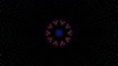 Animated 3D abstract.Curved lines and colorful light points black background,seamless circle