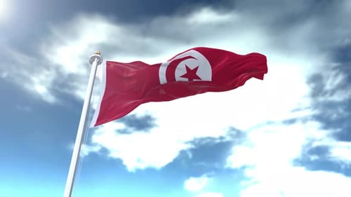 Tunisia Flag Waving in Realistic Slow Motion Against Cloudy Sky