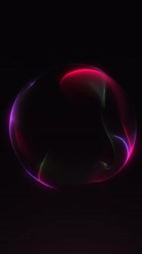 Vertical 4K neon orb loop with glowing pink-red gradient light forming fluid curves