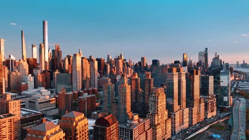 Stunning modern architecture of Manhattan in New York at sunset.