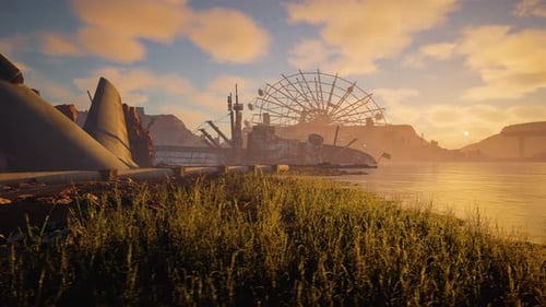 Post-Apocalyptic Landscape with Submerged Ferris Wheel and Ruined Buildings at Sunset