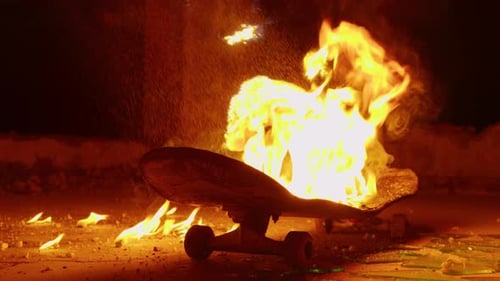 Burning Skateboard on Pavement at Night