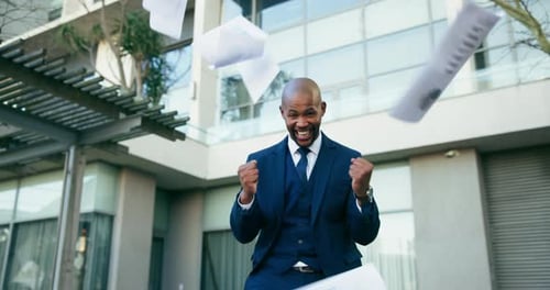 Success, winner and business with black man and paper throw in city for celebration