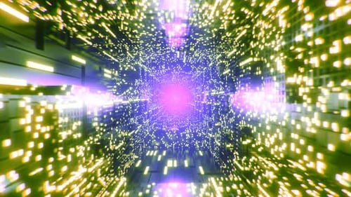 High Speed flight through cyber city with abstract hologram buildings