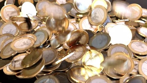 Gold Euro Coins Falling and Collecting into a Pile