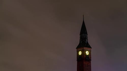 Copenhagen Old Clock Tower Timelapse at Night
