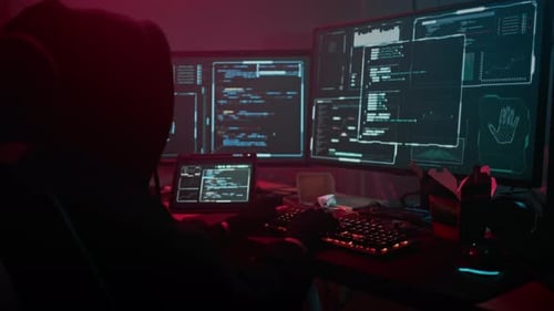 Woman Coder traite les données en supervisant les écrans d'ordinateur