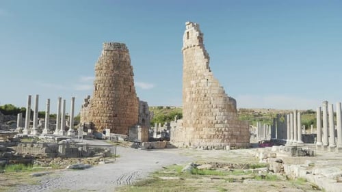 Scenic ruins of Hellenistic city gate in Perge (Perga), Turkey