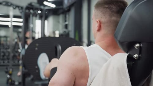 Gym Enthusiast Exercises Leg Press Machine Under Bright Gym Lights