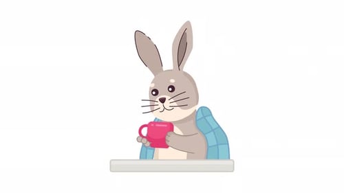 Cute Flat Design Rabbit Blinking and Drinking from Mug