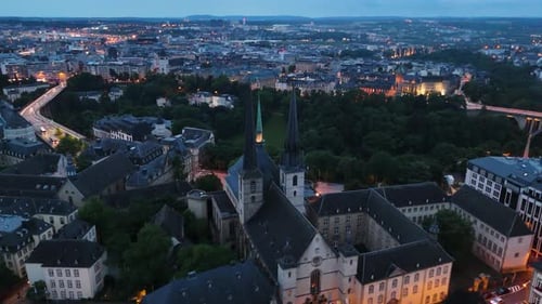 Aerial shot of Luxembourg City at night in Luxembourg