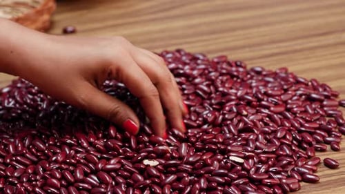 Hand Selecting Red Kidney Beans Close Up