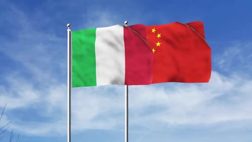 Italy and China National Flags Waving Against Blue Sky