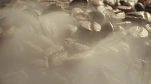 Steaming Roasted Coffee Beans Close Up