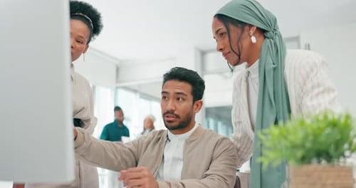 Teamwork, computer and coaching with business people in office for strategy