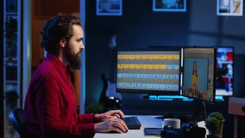 Man Video Editing on Dual Monitors