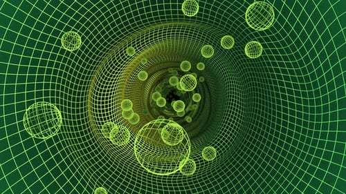 Loop animation of abstract green tunnel with glowing grid and flying yellow spheres , 4k , 60fps