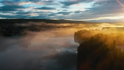 An aerial drone shot of a stunning golden sunset over a river running through a pine tree forest