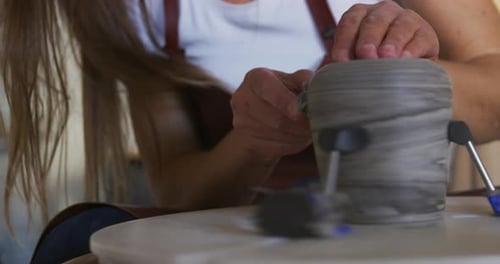 Creative Woman Working in Shop Making Pottery. Small Shop Owner Adults