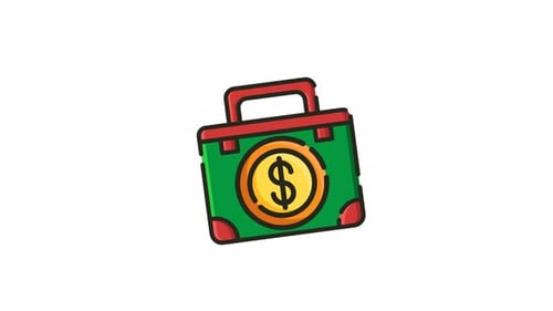 Animation of a green suitcase with a gold dollar coin icon.
