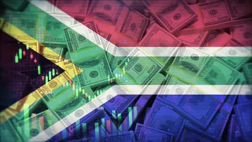 South Africa Flag On Economic Background With Decrease Bar Chart Graph And Arrow