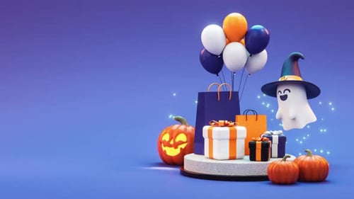 Cute 3D Halloween Celebration Background with Ghost and Pumpkins