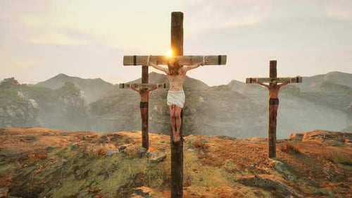 Crucifixion of Jesus Christ on Golgotha Hill at Sunset