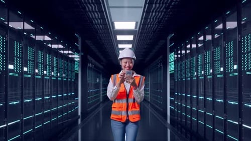 Asian Female Use Smartphone While Walking in Data Center