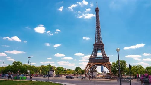 Beautiful Champ De Mars and the Eiffel Tower Timelapse on a Sunny Summer Day in Paris France