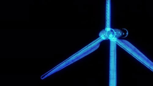 Aerogenerador en estructura metálica HUD azul sobre fondo negro aislado