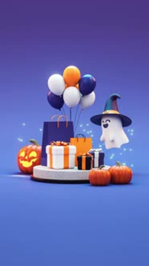 Cute 3D Halloween Ghost and Pumpkins with Gifts Vertical Loop