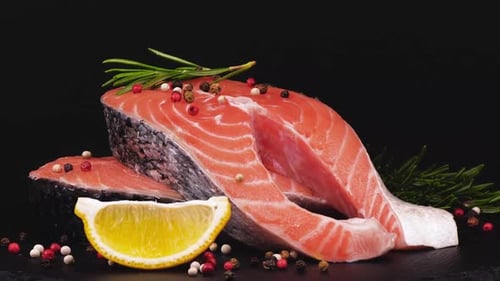 Trout Steaks Rotation Video. Raw Slices with Perfect Texture of Uncooked Red Fish. Sea Food