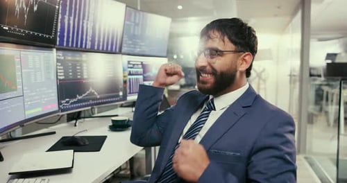 Business, man and computer with stock market success, financial increase and investment achievement