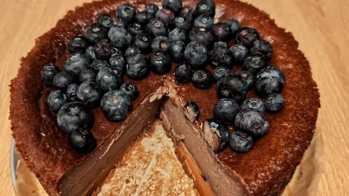 Brown Cheesecake with Blueberries Dessert Close-up