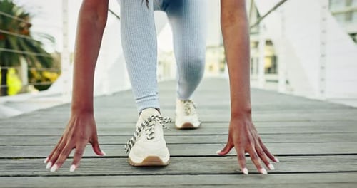 Runner, tie or woman in city to start fitness training, race exercise or cardio workout on outdoor