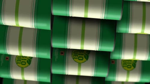 Biofuel green and clean eco renewable fuel barrels in row endless