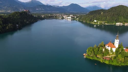 Beautiful church on island on Bled lake in Slovenia. Aerial view