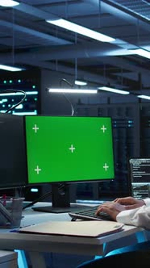 Vertical Video IT Expert in Server Room Tracking Network Traffic with Chroma Key PC