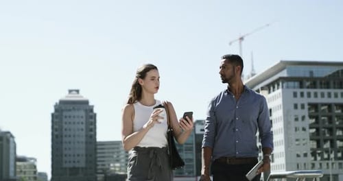 Business, tablet and woman and man in city on morning commute, travel or journey to work office