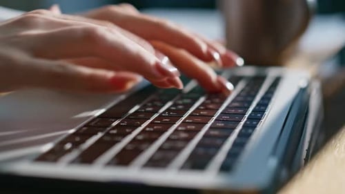 Gentle Hands Typing Keyboard Laptop at Office Closeup Unrecognizable Freelancer
